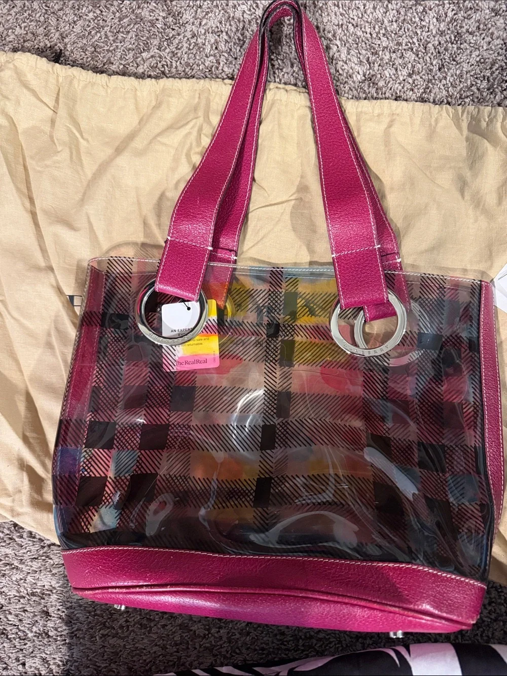 Burberry Pink Transparent Plaid Tote with Gold Rings